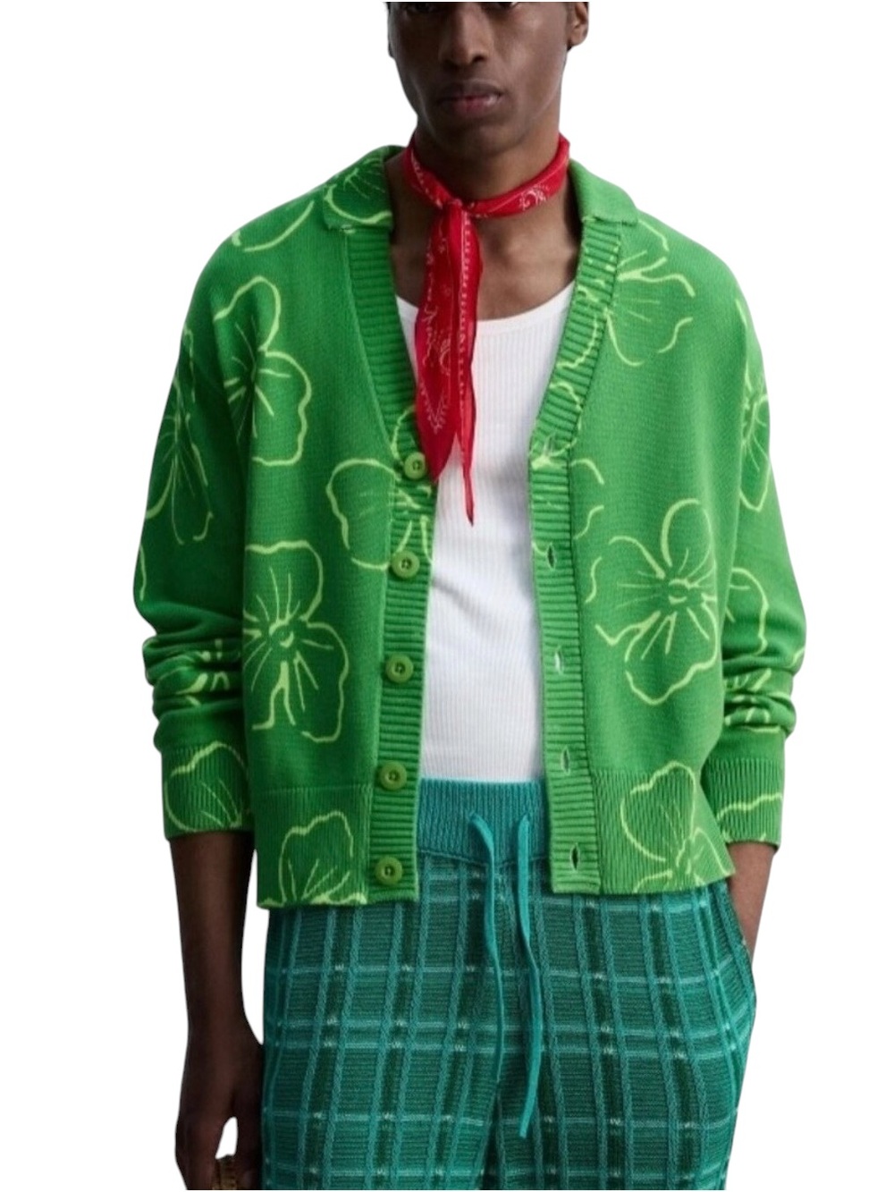 Zara x Otis Kwame Kye Quaicoe Men’s Kelly Green Floral Knit Cardigan Sz Medium
